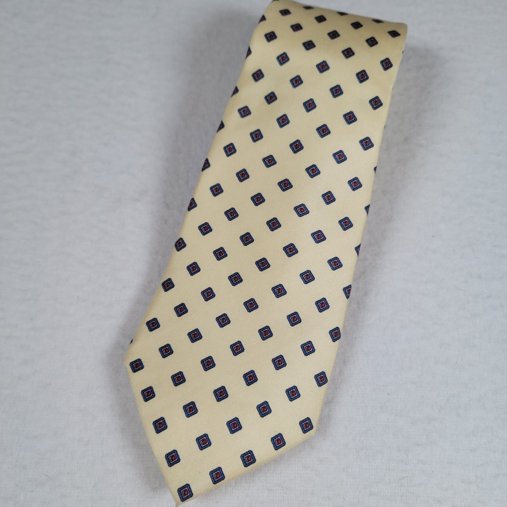Christian Dior 100% Italian Silk Yellow & Blue Diamond Pattern Tie Made In‎ USA